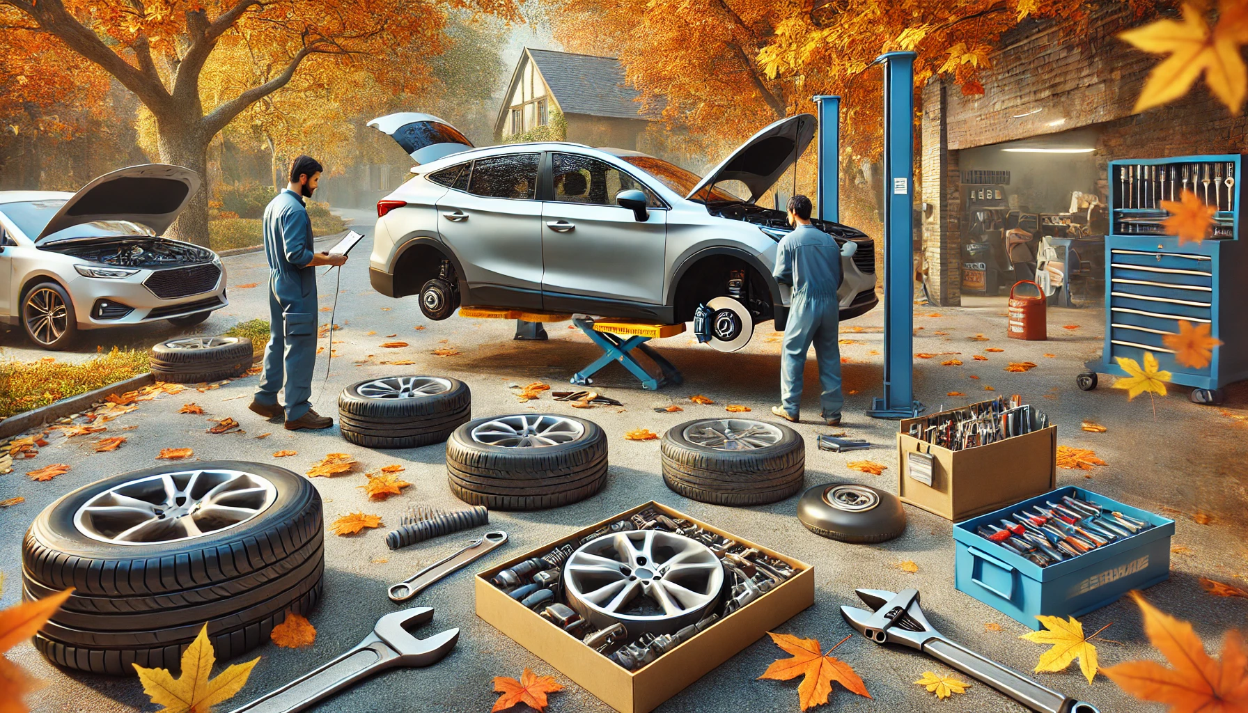 A realistic photo of a car receiving a seasonal autumn check-up in a driveway or garage. Mechanics inspect essential parts like brakes, tires, and bat